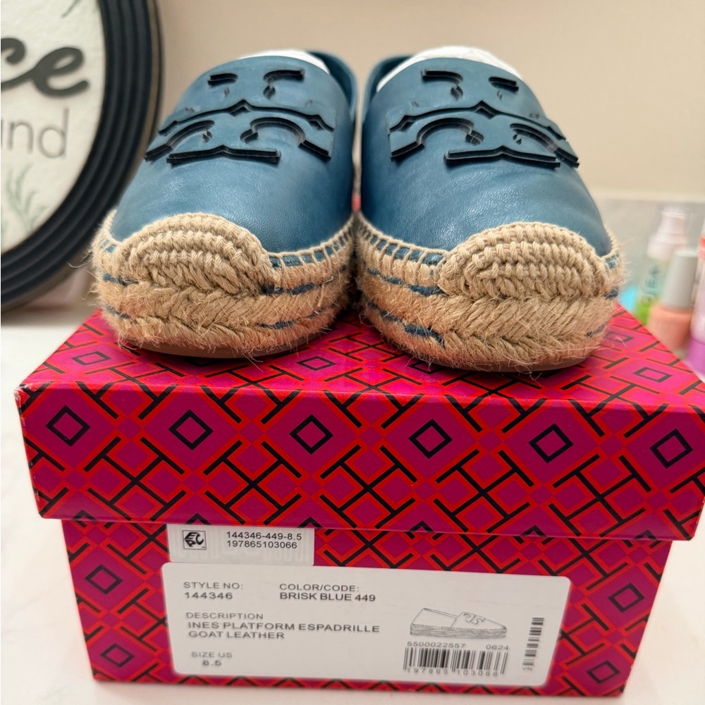 Tory Burch Brisk Blue Leather Espadrille Platform Slip-Ons